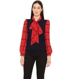 Vintage Alison J sweater granny core red/white/blue neck tie Made in USA SZ M